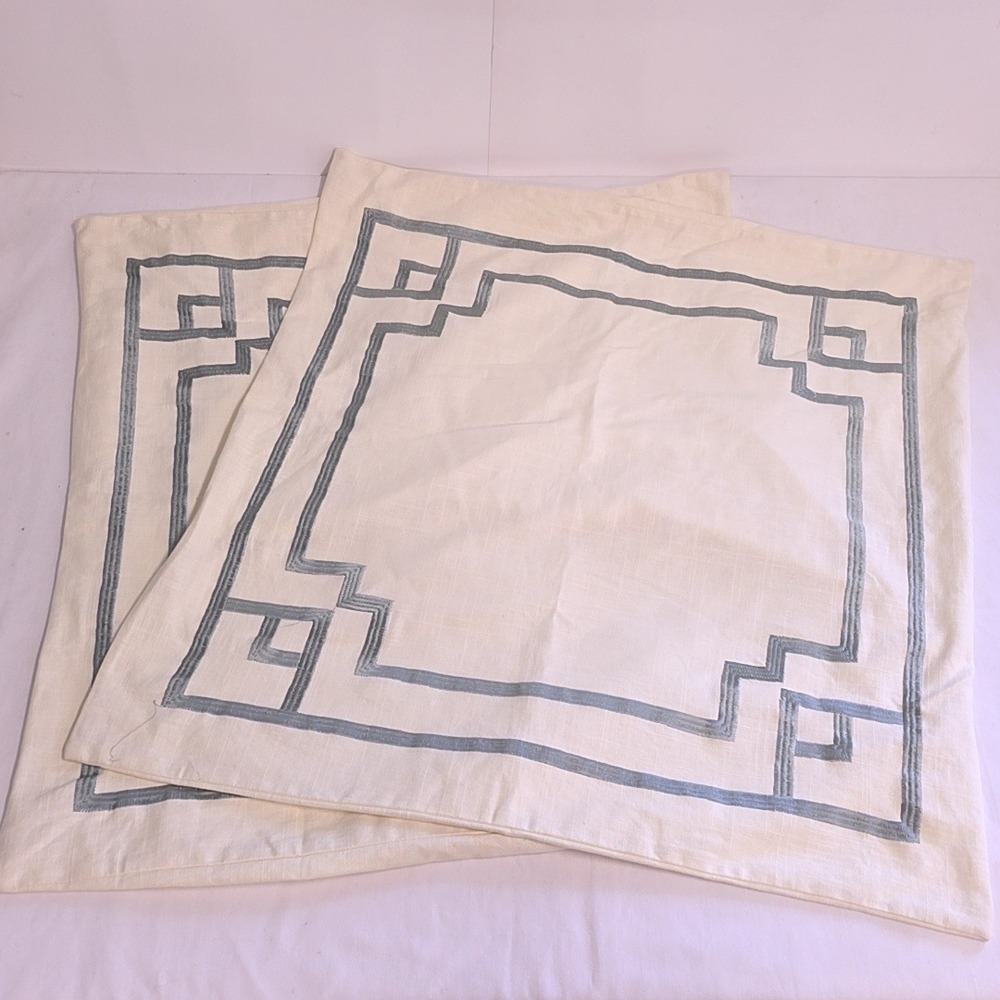 Tommy Bahama Pillow Shams 26x26 Cream Blue Greek Key Embroidered Set of 2